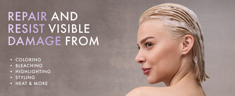 Profile of a woman's face with wet hair and product applied next to title and bullets with benefits.