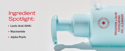 Ingredients included in First Aid Beauty's Exfoliating Gel Cleanser with product pump on its side