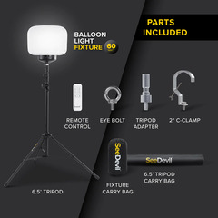 The 60W Balloon light Kit includes the following: remote control, eye bolt, tripod adapter, 2&quot; c-clamp, light fixture,  fixture carry bag, tripod, tripod carry bag,