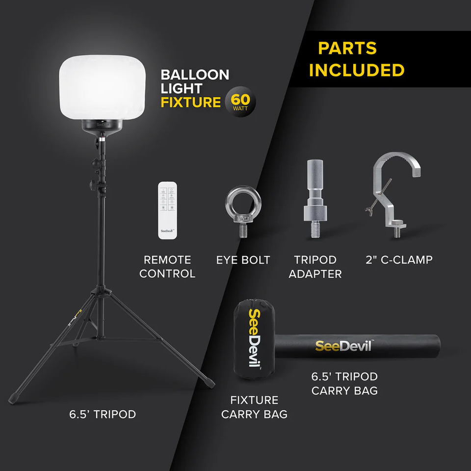 The 60W Balloon light Kit includes the following: remote control, eye bolt, tripod adapter, 2&quot; c-clamp, light fixture,  fixture carry bag, tripod, tripod carry bag,