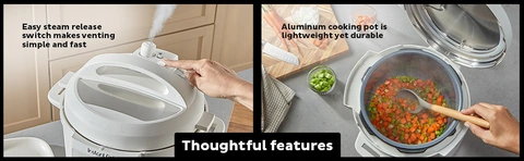 instant pot rio chef steam release and inside of the pot with food being cooked