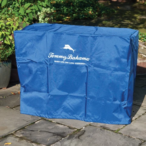Blue protective cover fully covering cooler from top to bottom. 