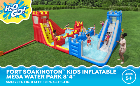 The Fort Soakington™ Kids Inflatable Mega Water Park is 20 ft. 1 in. x 14 ft. 10 in. x 8 ft. 4 in. and perfect for kids ages 5+.