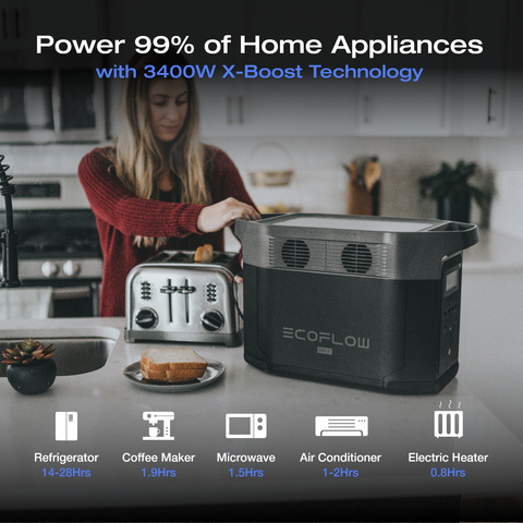 With EcoFlow’s X-Boost technology, DELTA Max can power heavy-duty devices up to 3400W. That means during a power outage or blackout, you can continue to power your fridge, dryer, and more. That’s the industry gold standard for a portable power station of this size and capacity.