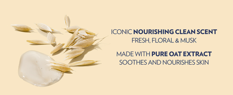 Text with visuals about ingredients like oat extract and a fresh, floral &amp; musk scent.