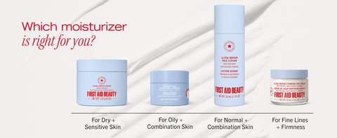 First Aid Beauty moisturizers: Ultra Repair Cream, Dewy Gel Cream, Hydration Boost Serum, Firming Day Cream
