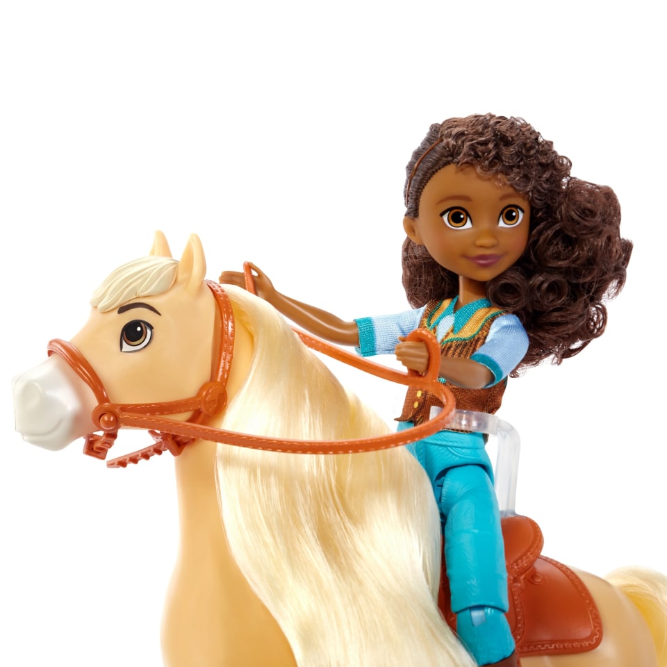 thumbnail video image 2 of Spirit Pru Doll (7 in) with Fashion Top, Treats, Brush & Chica Linda Horse (8 in), Soft Mane & Tail, 3 & Up, 2 of 7