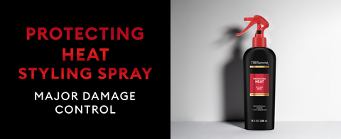 Red text on a black backdrop next to TRESemmé Keratin Smooth Blowout collection products.