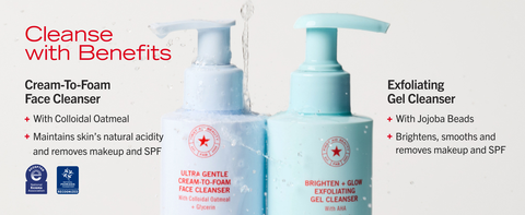 Pure Skin Cleanser next to Exfoliating Gel Cleanser sharing benefits of each