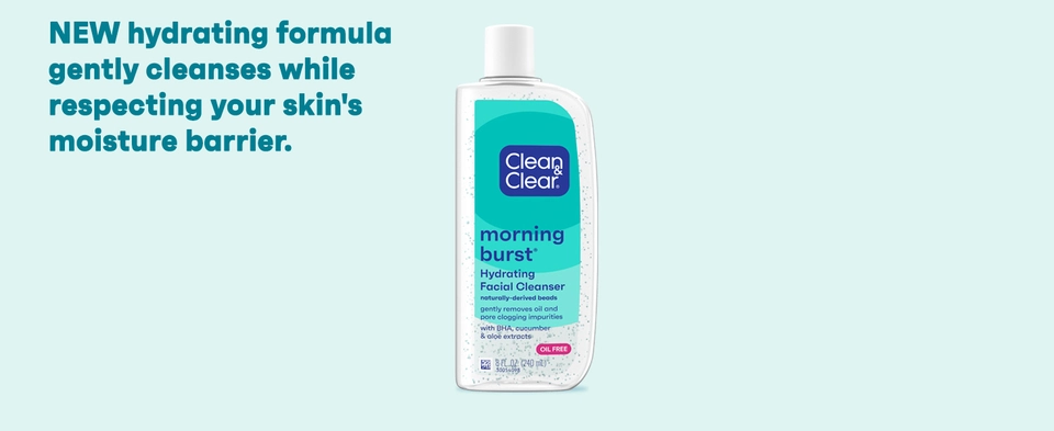 Bottle of Morning Burst hydratiung facial cleanser on pastel teal background, new hydrating formula