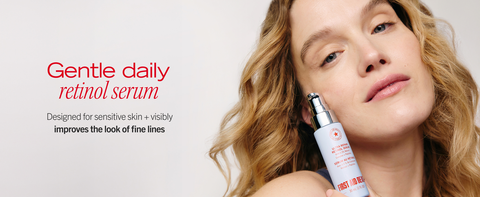 model with retinol serum next to face