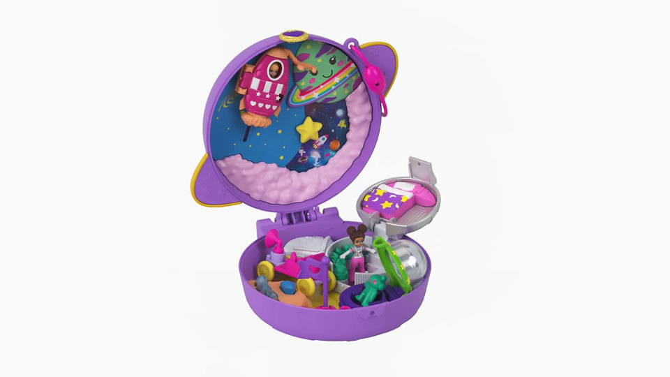 thumbnail video image 2 of Polly Pocket Saturn Space Explorer Compact, 2 Micro Dolls & Accessories, 2 of 8