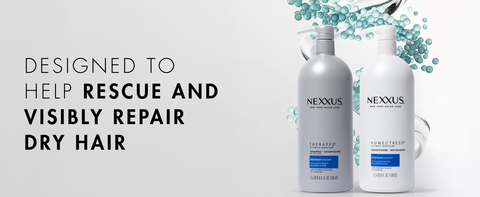 Text next to shampoo &amp; conditioner bottles on top of abstract formula visuals.