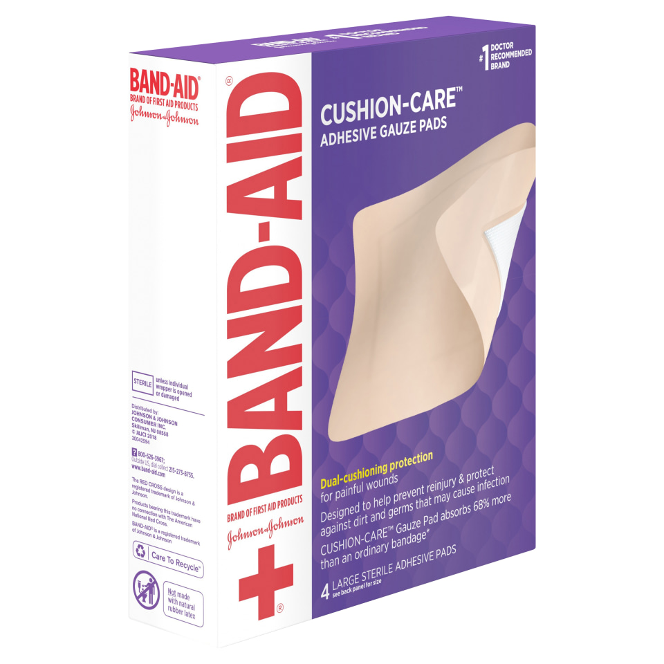 BandAid Brand First Aid Adhesive Gauze Pad, 4.5in x 5.5in, 4 ct