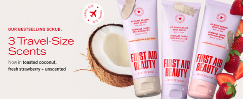 Three travel size, scented KP Body Scrubs in coconut, original and strawberry scents