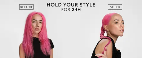 Model with pink hair, loose on the left and braided on the right, against a white backdrop.