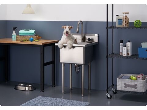 stainless steel utility sink used as a dog grooming sink