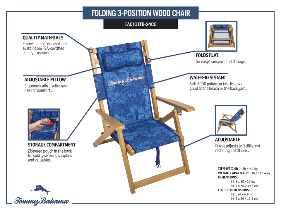 Features of folding wood chair.