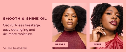 2 images of the same woman before &amp; after applying our treatment for healthy-looking hair.