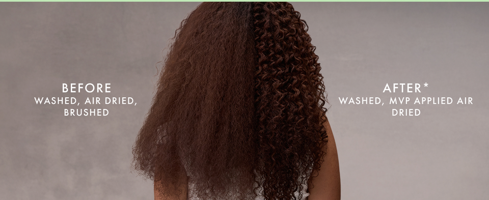 Backshot of a woman's head showing before and after applying styler cream on curly hair.