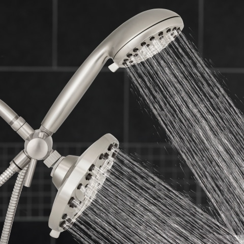 Dual Shower Heads Spraying Water