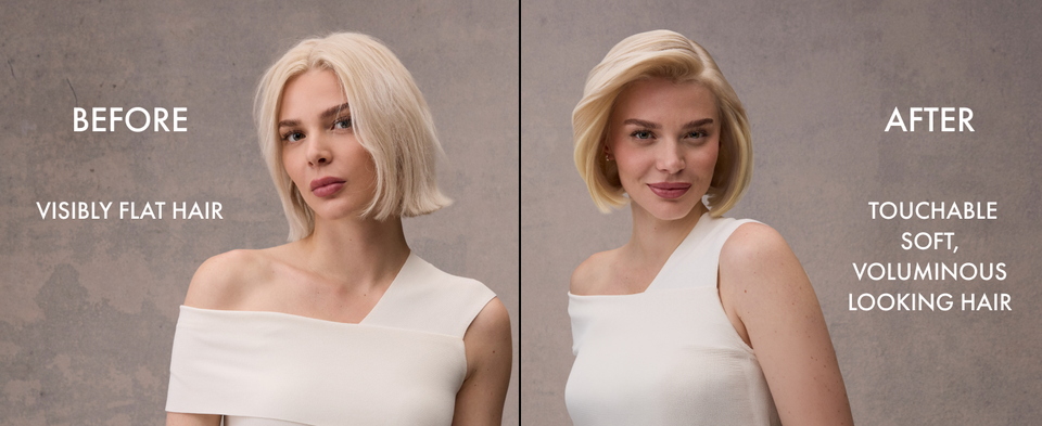 Two pictures of the same woman with her hair going from flat to touchable soft and voluminous.