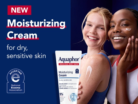 NEW Aquaphor Moisturizing Cream tube with diverse women smiling, Clinically tested, 48H invisible moisture, 90% hydrating, National Eczema Association seal