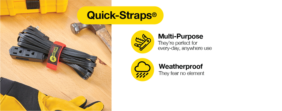 Quick-Straps&#174; wrapped around an extension cord on a workbench with features