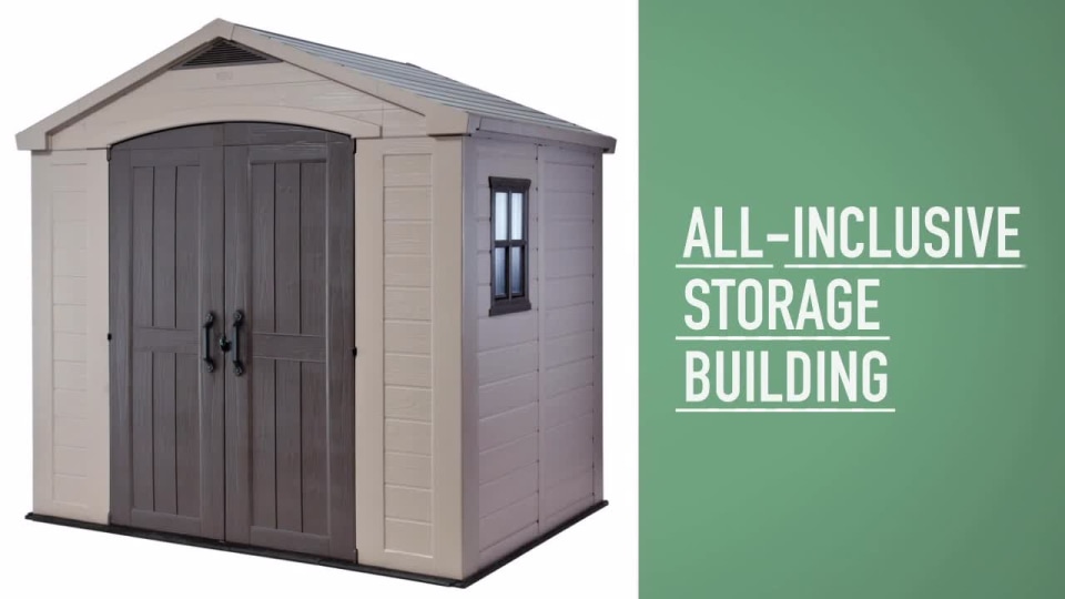 thumbnail video image 2 of Keter Factor 8' x 6' Resin Storage Shed, All-Weather Plastic Outdoor Storage, Beige/Taupe, 2 of 19