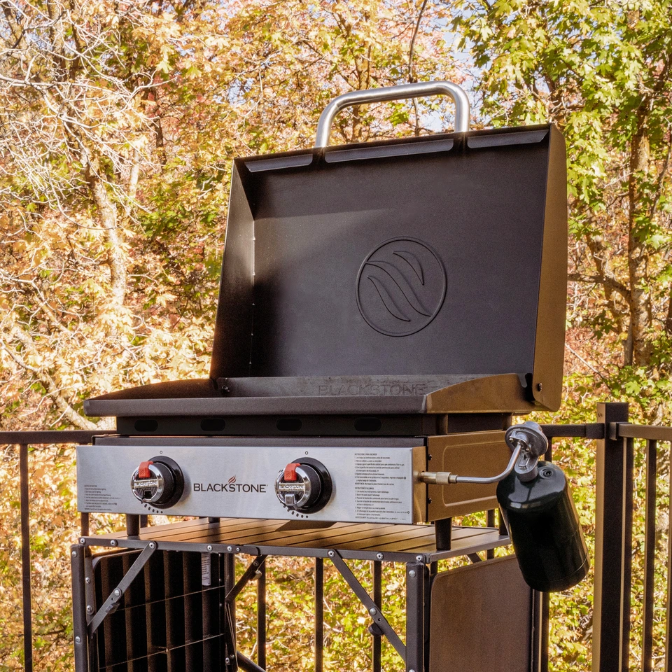 A tabletop griddle shown with the hood open ready for use.