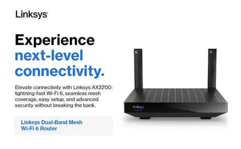Linksys AX2200 Dual-Band Wi-Fi 6 Mesh Router, Up to 2.2 Gbps Linksys AX2200 Dual-Band Wi-Fi 6 Mesh Router, Up to 2.2 Gbps