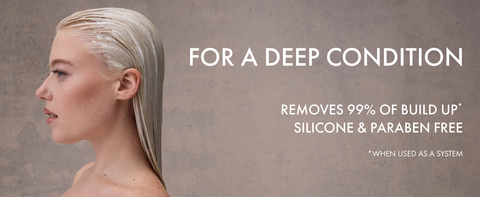 Woman with wet hair covered in product next to text highlighting product benefits.