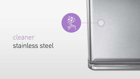 Image with a close up of the fingerprint resistant stainless steel finish as well as the strong streamlined pedal.