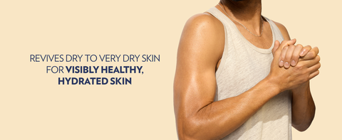 A man's side picture showing his radiant skin next to text about healthy looking and hydrated skin.