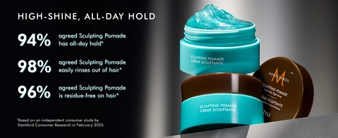 Moroccanoil Sculpting Pomade jar showing texture and high-shine hair styling with all-day hold