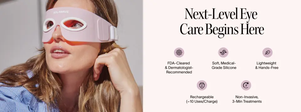 Eye Recovery Pro features including FDA-cleared technology, soft medical-grade silicone, lightweight hands-free design, and rechargeable use.