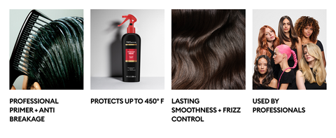 Comb through wet hair, spray bottle, closeup of shiny, wavy hair & diverse women with bold styles.