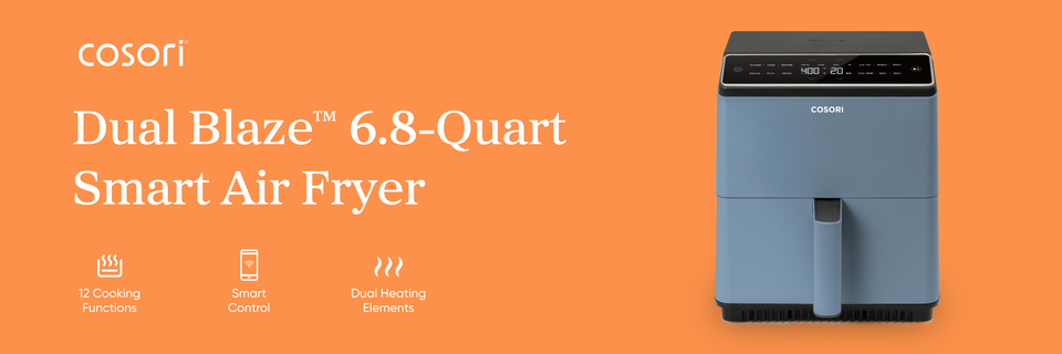 On an orange banner, text beside an image of a mostly blue, boxy kitchen appliance with a black control panel reads, “Cosori. Dual Blaze six-point-eight-quart smart air fryer.” Text under an icon of three vertical squiggly lines above a horizontal line within a U-shaped line reads, “Twelve cooking functions.” Text under an icon of a smartphone with a Wi-Fi signal on its screen reads, “Smart Control.” Text above an icon of three thick, vertical squiggly lines reads, “Dual heating elements.”