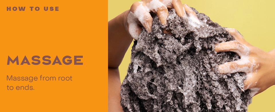 Image of a woman massaging her wet curly hair covered in shampoo, next to massaging instructions.