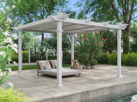 White vinyl louvered pergola next to a pool with lounge furniture underneath