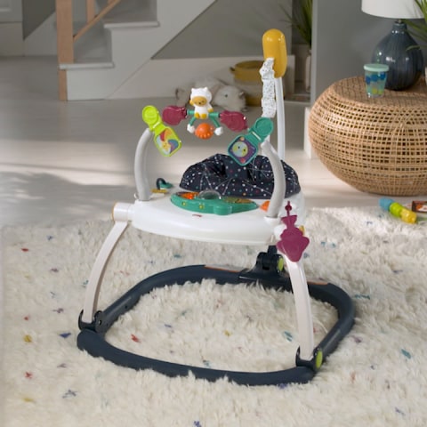 thumbnail video image 2 of Fisher-Price Baby Bouncer Activity Center Jumperoo SpaceSaver with Lights & Sounds, Astro Kitty, 2 of 7