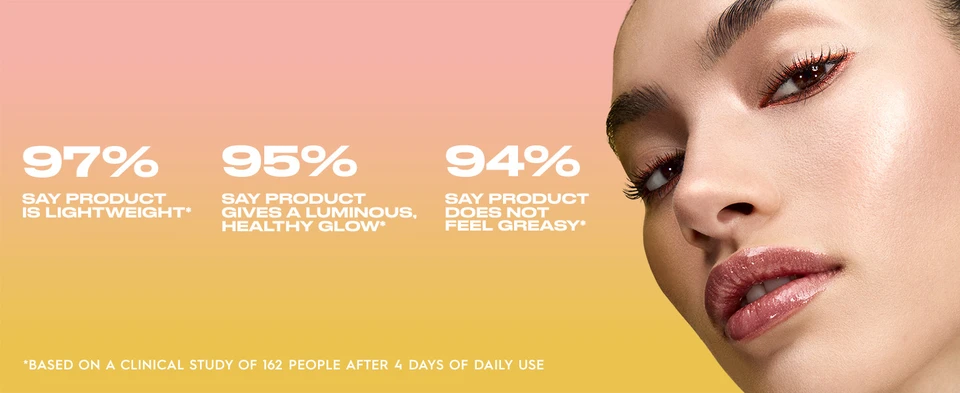 Consumer clinical results for the product effeciency of Urban Decay Luminizer Highlighting drops with a model wearing the product.