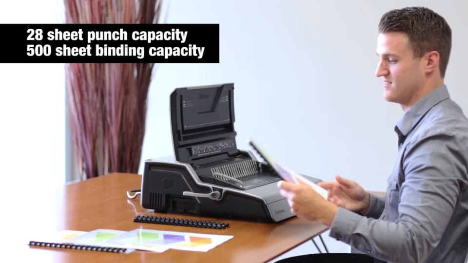 thumbnail video image 2 of Fellowes Galaxy Electric Comb Binding Machine 25 Sheets Punched with Starter Pack, Gray, 2 of 11