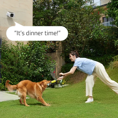 Dog and owner playing in backyard as person inside home uses two-way audio to inform that it is lunchtime.
