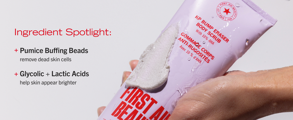 Hand showing pumice texture on KP packaging