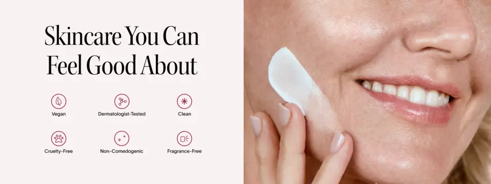 Icons for vegan, clean, cruelty-free, and dermatologist-tested next to a model applying cream.