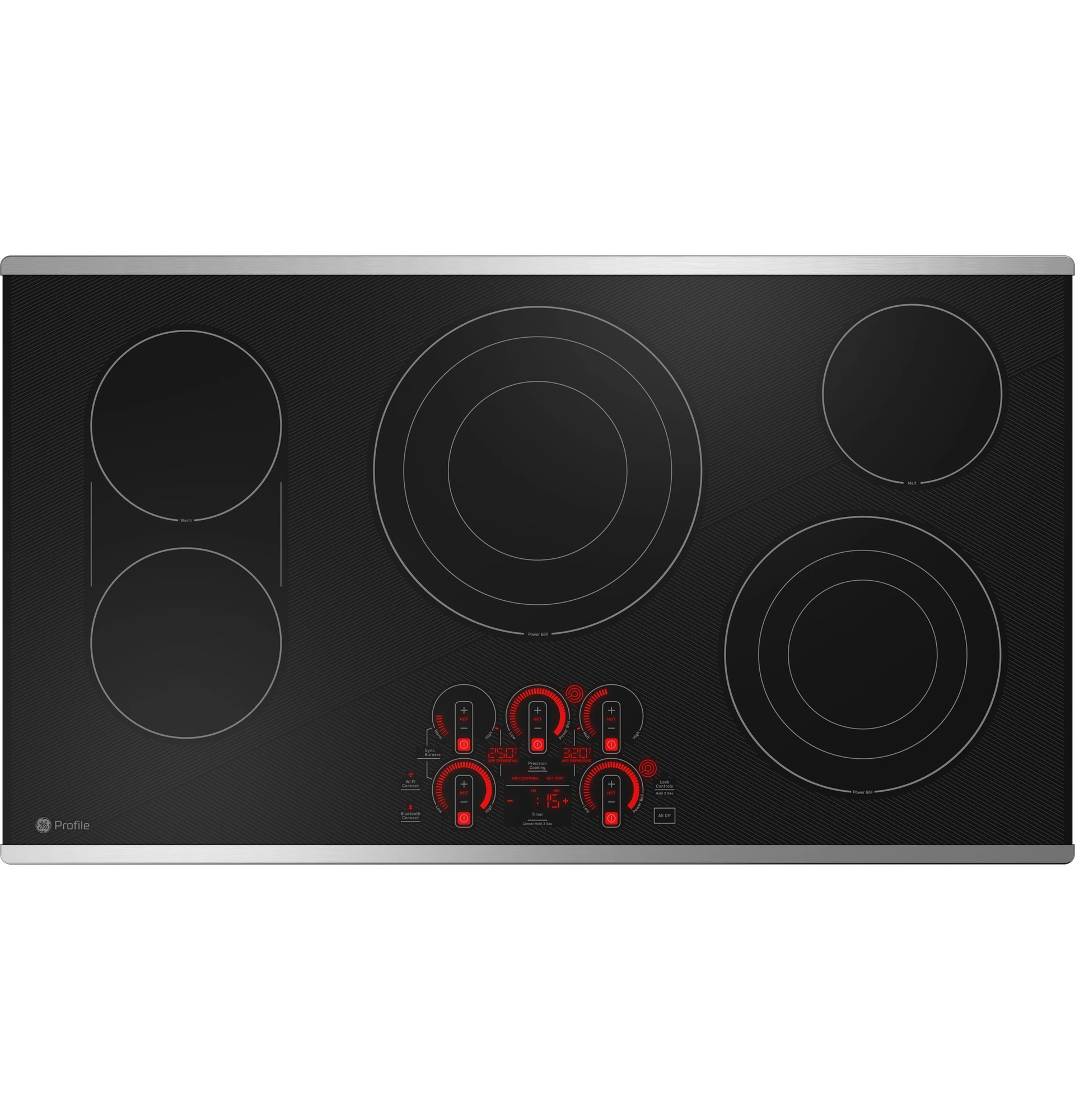 PEP9036STSS GE Profile 36 Built In ADA Compliant WiFi Enabled Electric Cooktop with Touch Control and 5 Radiant Cooking Elements Black with Stainless Steel Trim