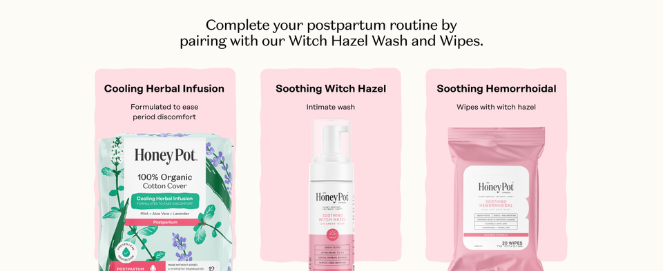 Complete your postpartum routine by pairing with our Witch Hazel Wash and Wipes