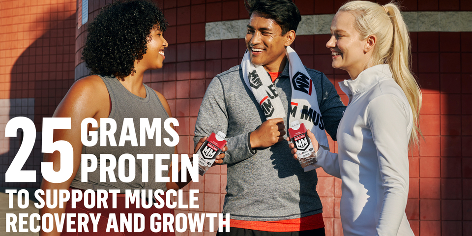 Three people talking in exercise clothes while holding Muscle Milk cartons. 25 grams of protein to support muscle recovery and growth.
