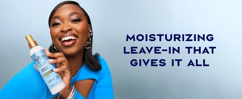 Image of a black woman with straight hair next to text: "moisturizing leave-in that gives it all".